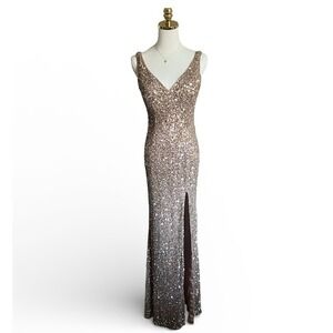 Mac Duggal Rose gold to Silver Ombre Sequined V Neck Side Slit Gown Sz 6 RARE✨